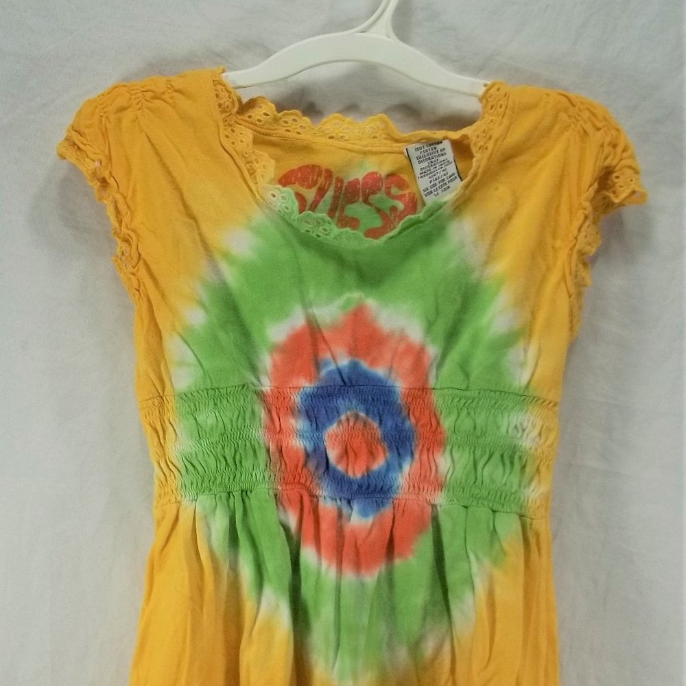 Girls size 4 Guess yellow blue green orange tie dye cap sleeve smock waist dress